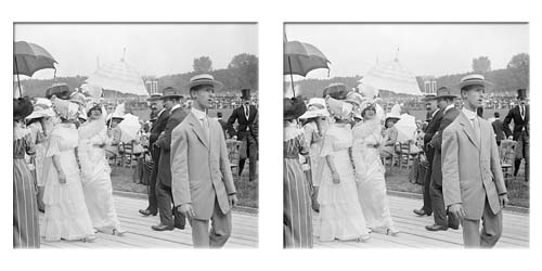 Lartigue stereo of mannequins at Auteuil racecourse