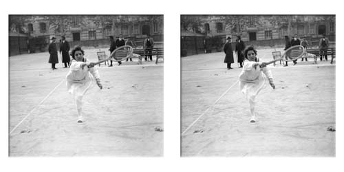 Lartigue stereo of Suzanne Lenglen playing forehand drive