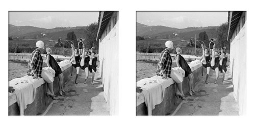 Original Lartigue stereo of 3 girls high-kicking